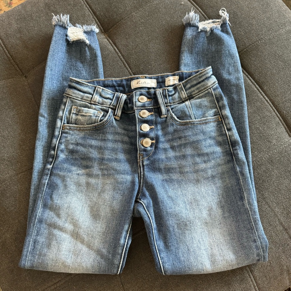 Kancan Ankle Skinny Jeans Mid Rise Button Fly Women 23x26 Distressed Raw Hem